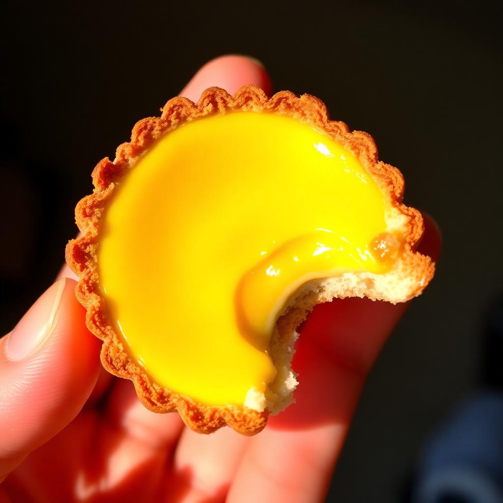 A warm egg custard tart, mid-bite